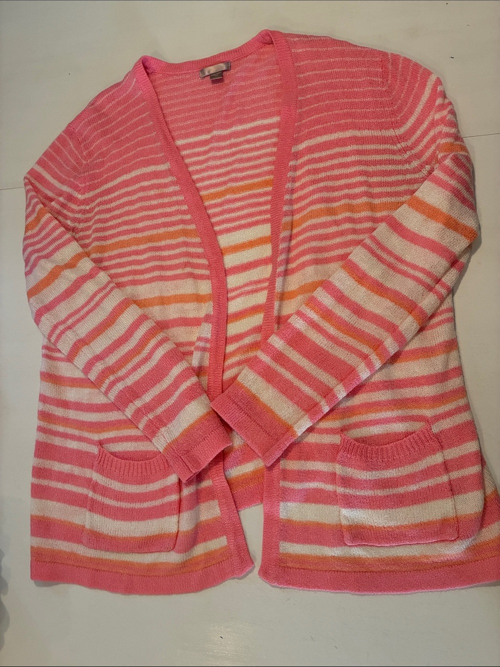 White Stag Pink and White Striped Open-Front Cardigan with Orange Accents XXL
